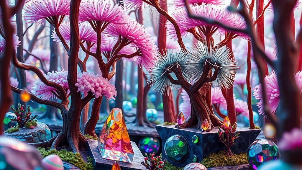 Surreal Gemstone Forest in Vibrant, Iridescent Hues