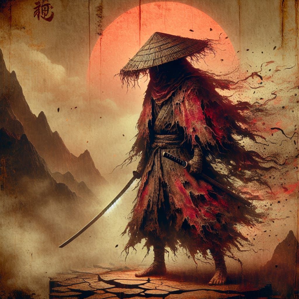 Crimson Swordsman in Japanese Ink Style