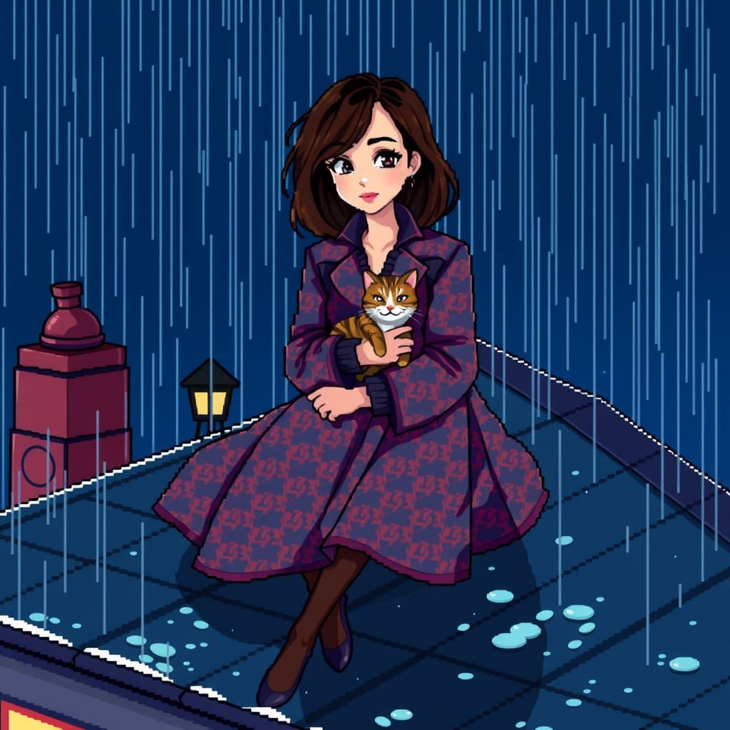8-Bit Woman with Cat in Rainy Pixel Art