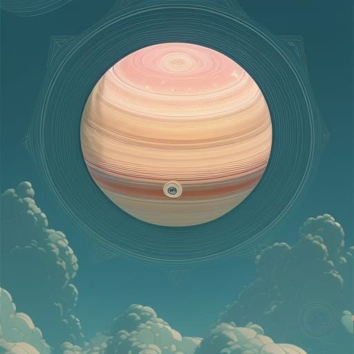A geometric, intricately detailed planet Saturn in pastel co...