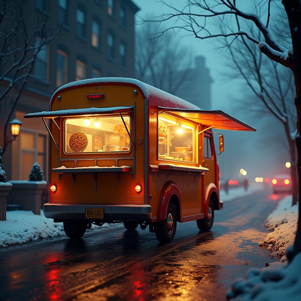 Food Truck Glows on Snowy New York Street
