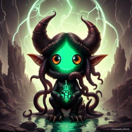 Chibi Monster with Glowing Eyes and Tentacle Arms in Cyberpu...