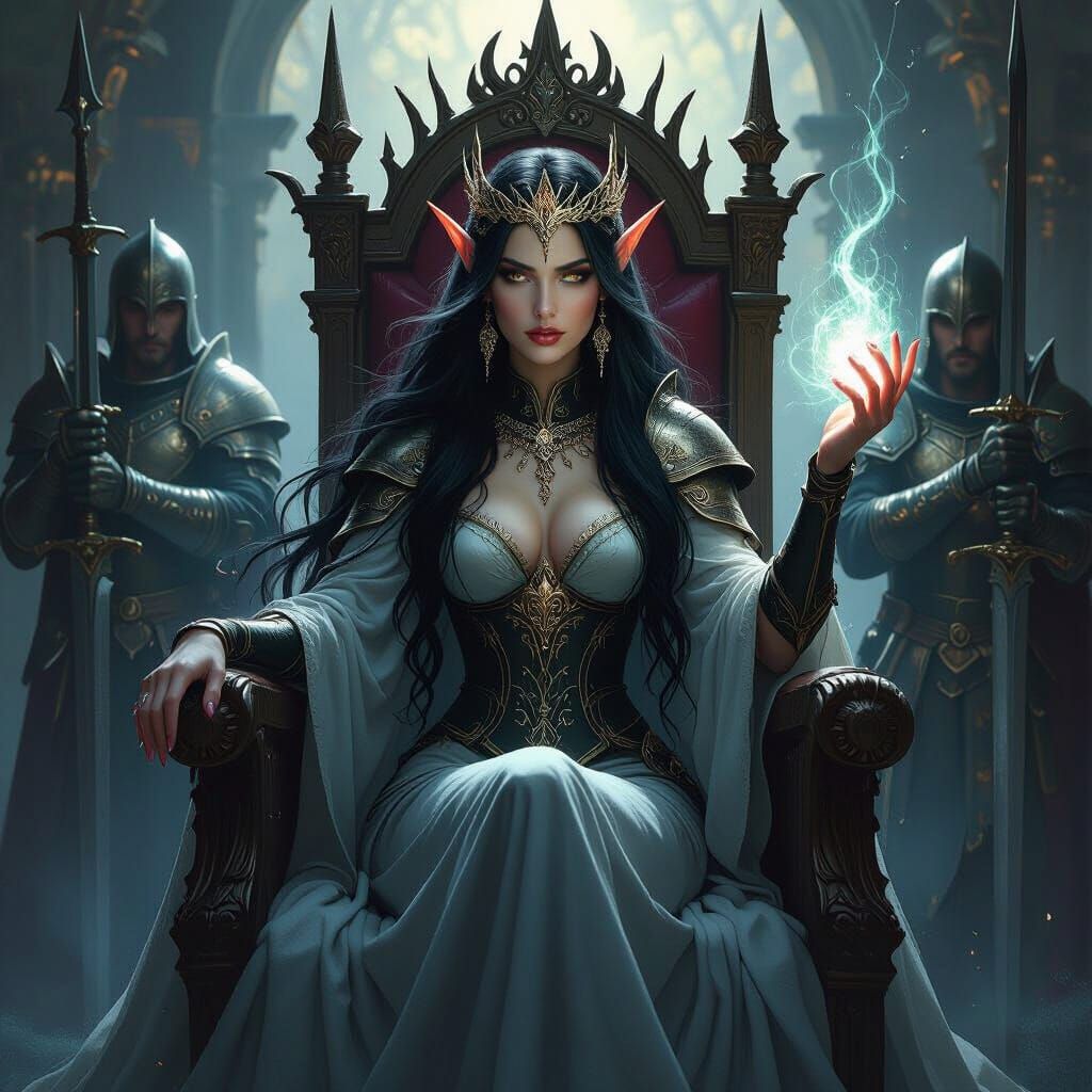 Elven Queen on Throne Casting Magic in 80s Dark Romance Styl...