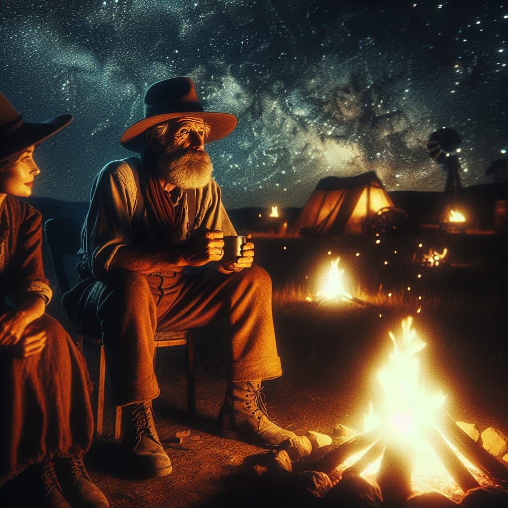 Starlit Campfire Scene with Geologist in Cinematic Style
