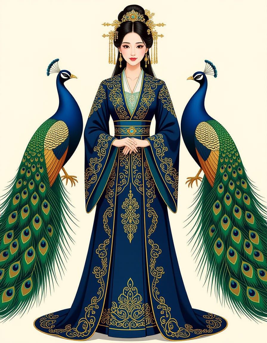 Elegant Woman in Chinese Gown with Peafowl