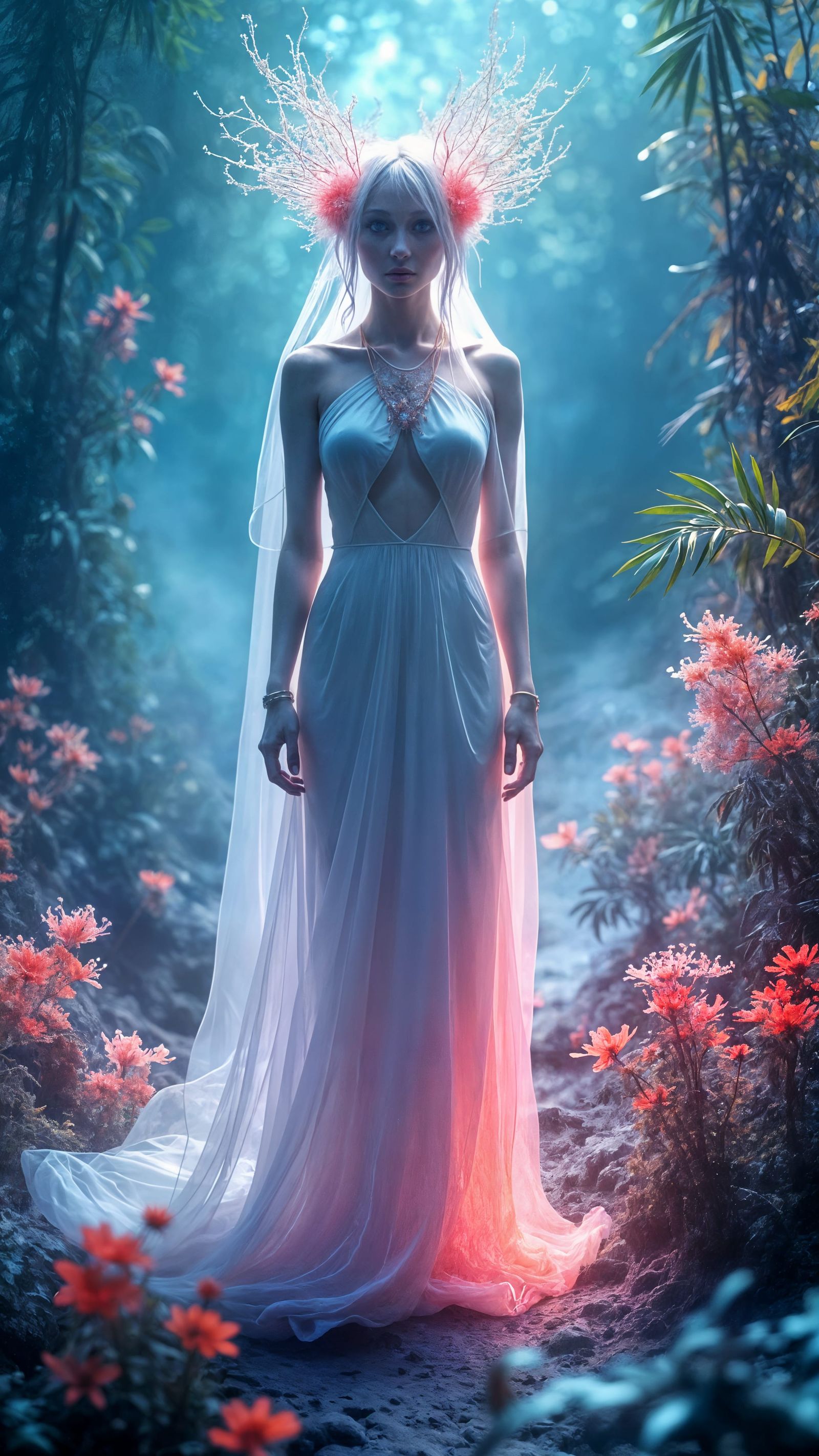 Ethereal Woman in a Futuristic Botanical Dreamscape
