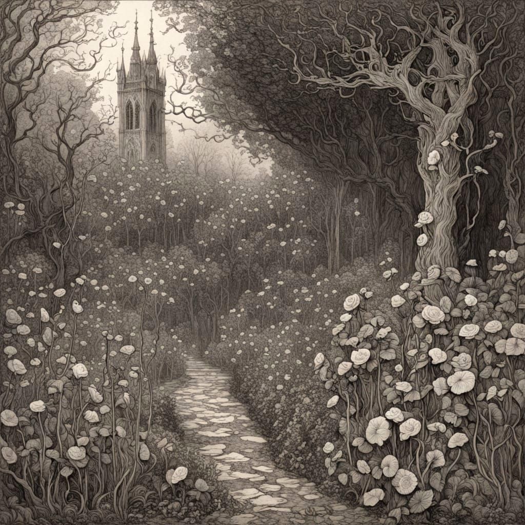 Monochrome Gothic Garden with Roses and Thorns