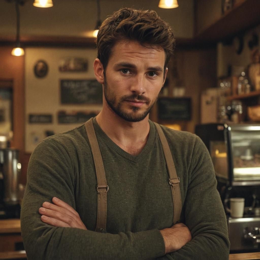 Handsome Cafe Owner in Dimly Lit Coffee Shop