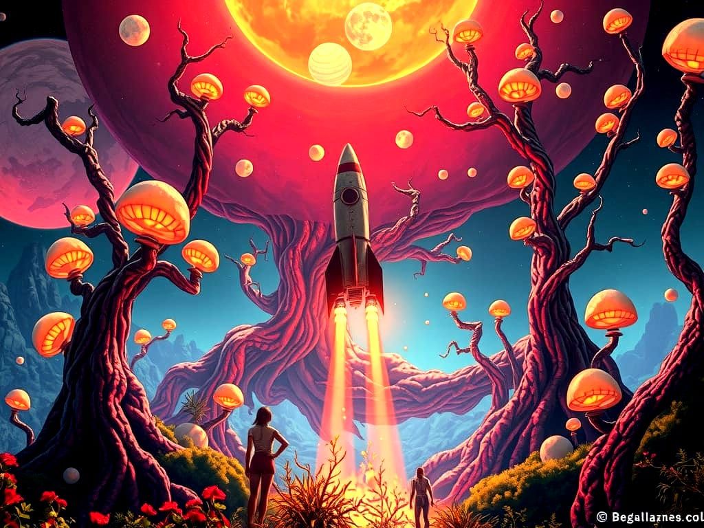 Vintage Rocket Landing on Alien Planet in Detailed Matte Pai...