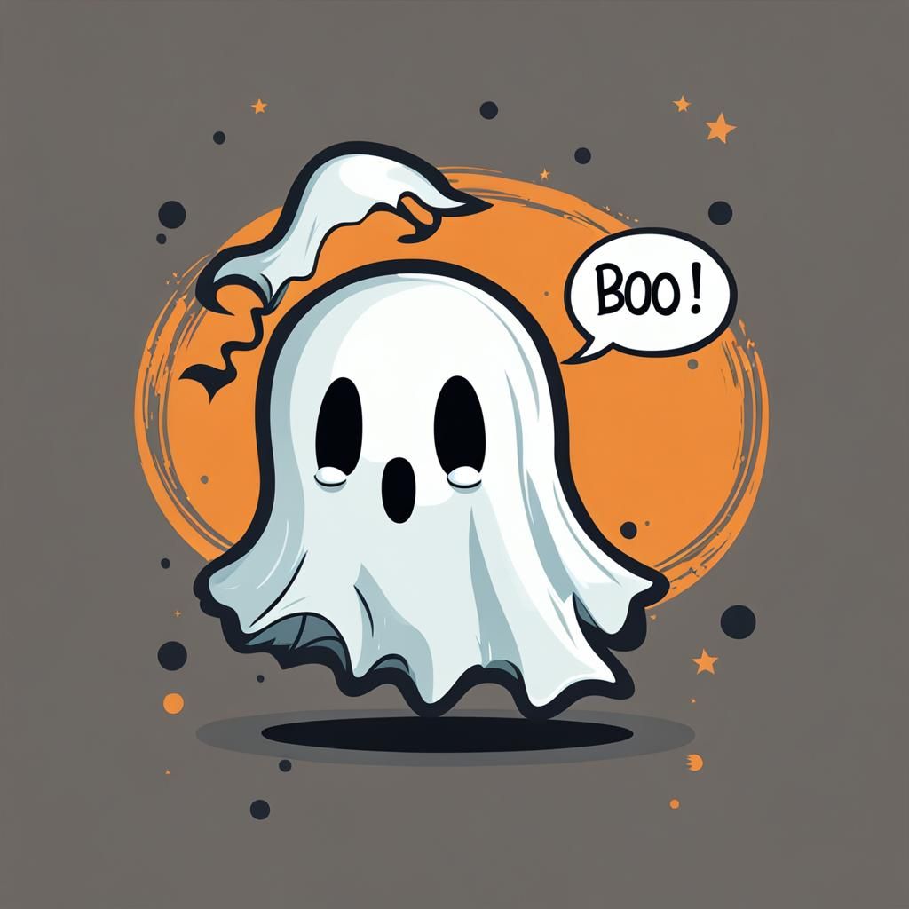 cute chibi ghost, the word "BOO!" in a speech bubble