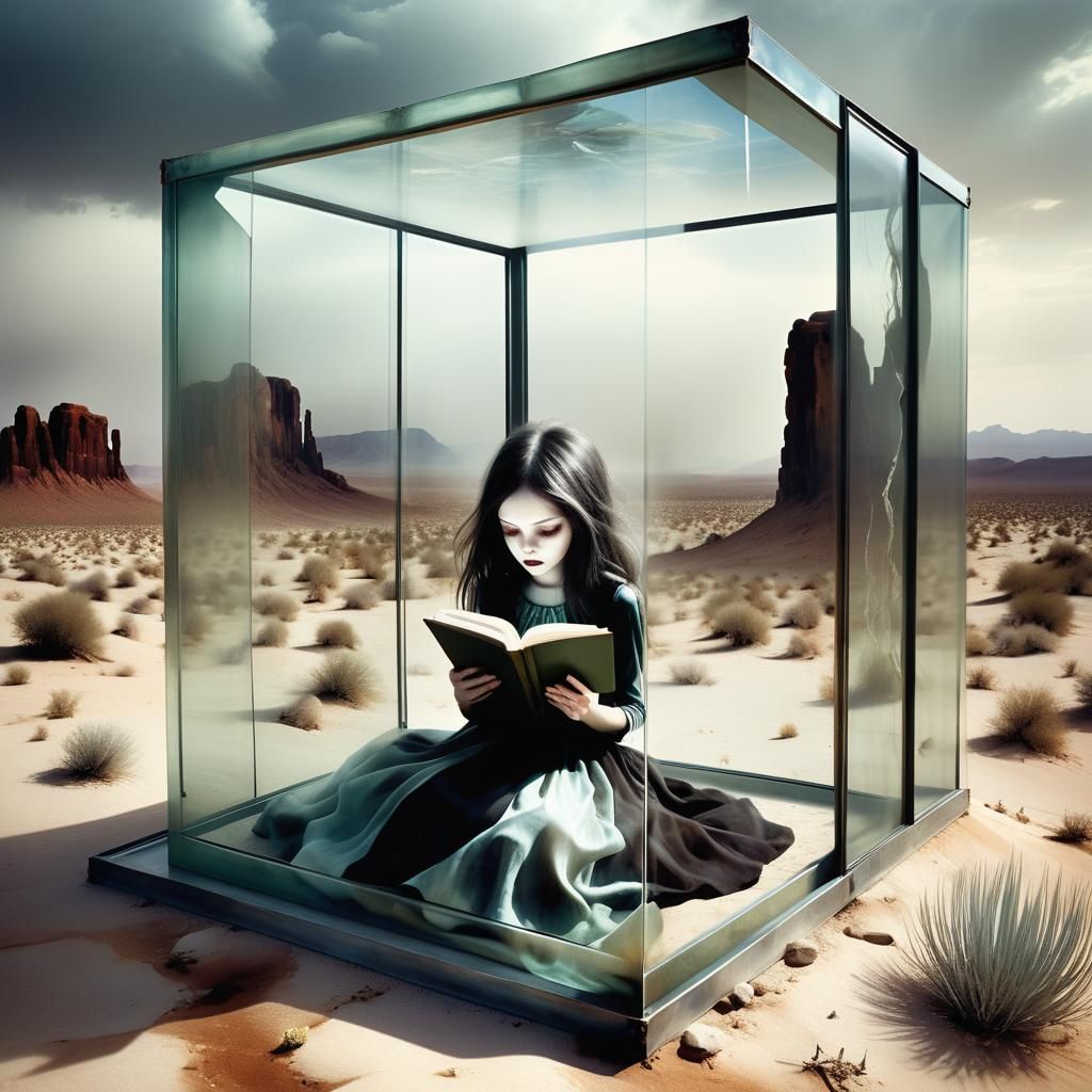 Girl Reading in Glass Box, Desert Photograph