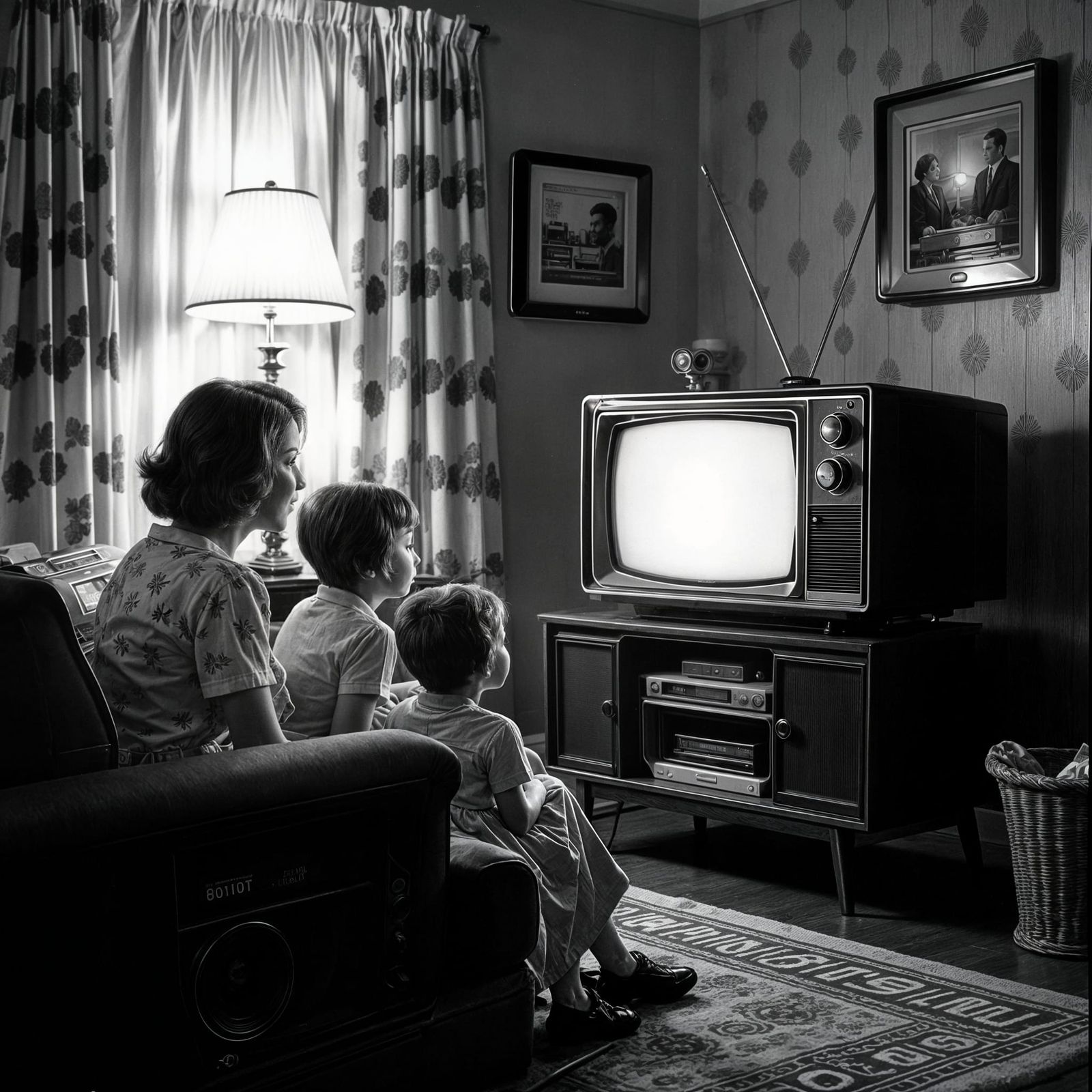 Vintage Family Gathers Around Black and White TV