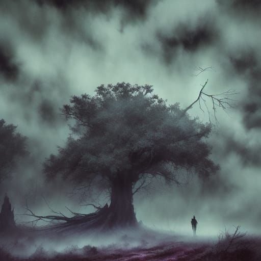 Surreal Stormy Night Landscape in Oil Painting Style