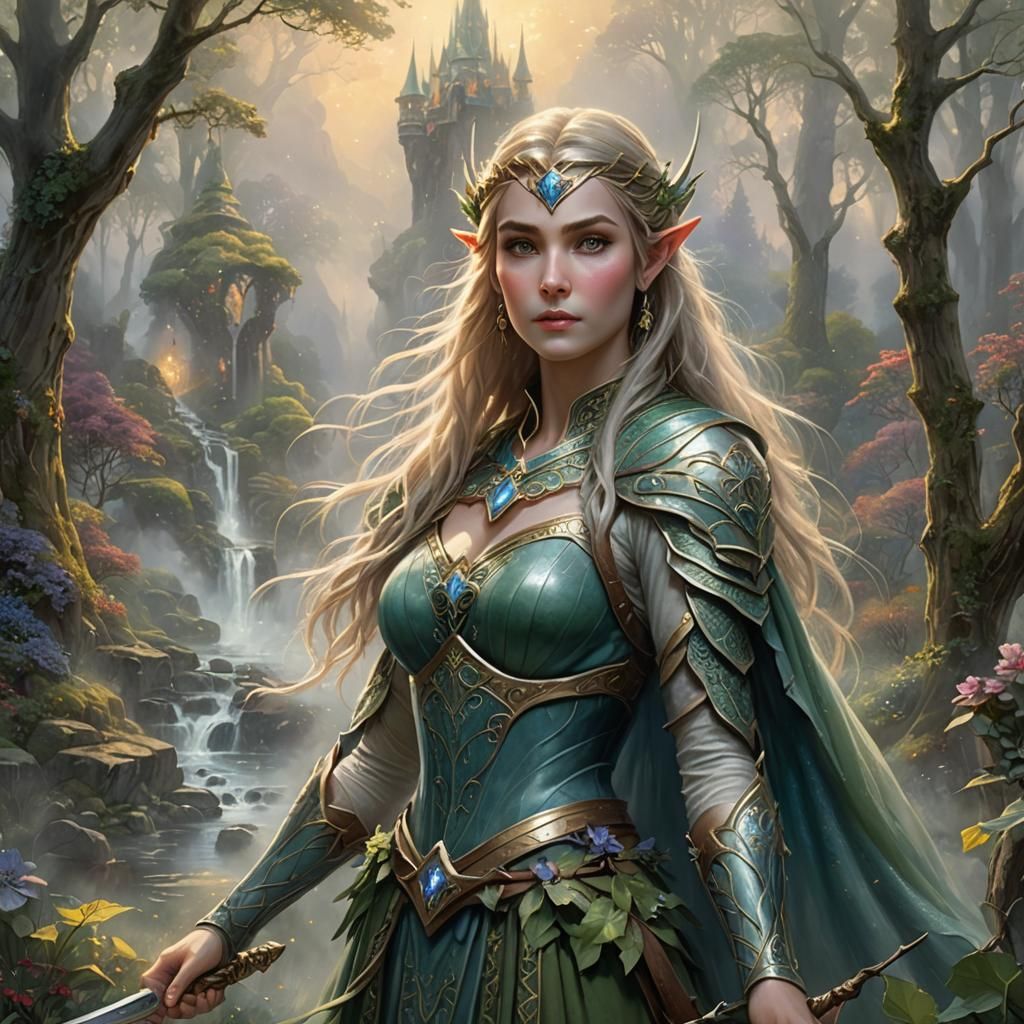 Ethereal Elven Warrior Princess in Misty Forest