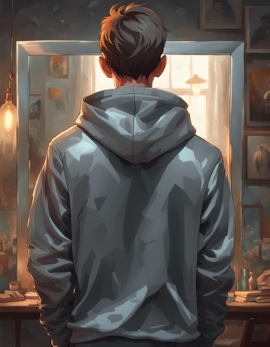 Back shot of a teenage boy standing in front of a mirror alone, gray hoodie.