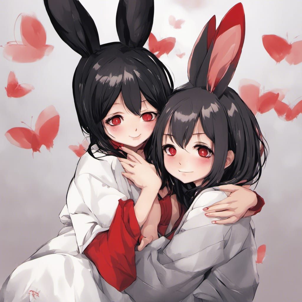 Anime Girls Embrace: Bunny Ears and Red Hair