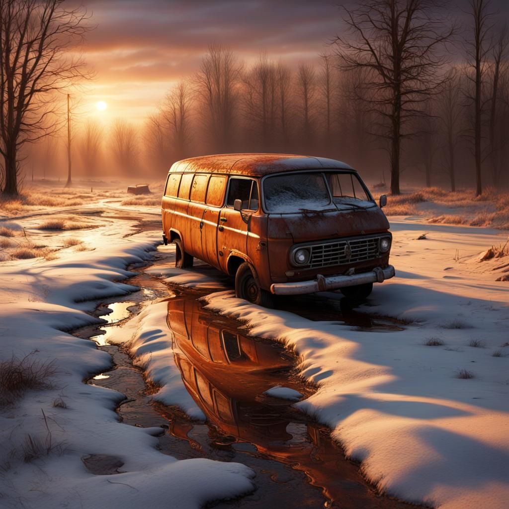 Abandoned Burnt Van in Snowy Sunset: Photorealistic Image
