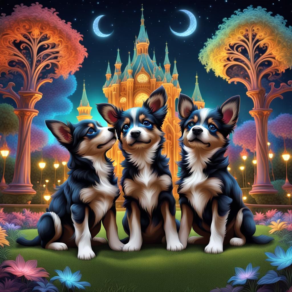 majestic colorful puppies frolicking in a vibrant park