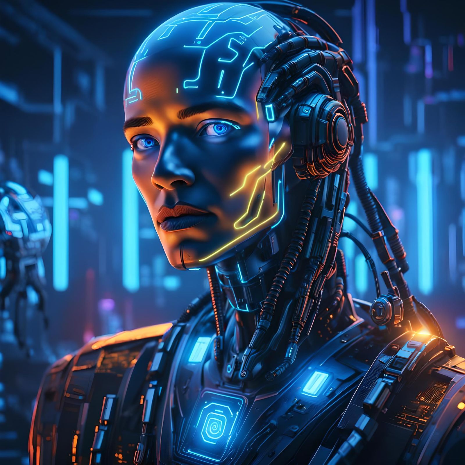 Cybernetic Humanoid and AI Hologram Conversation