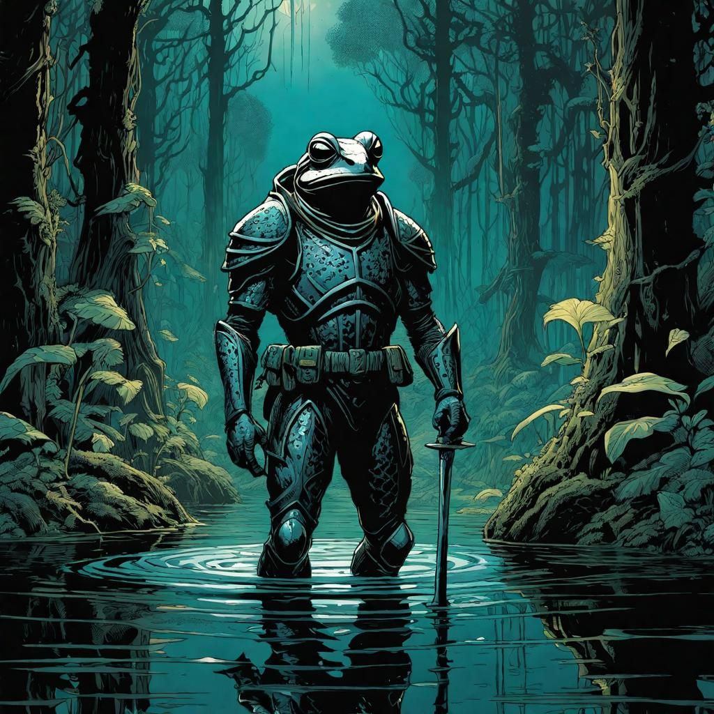 Frog Knight in Dark Swamp: Comic Book Art