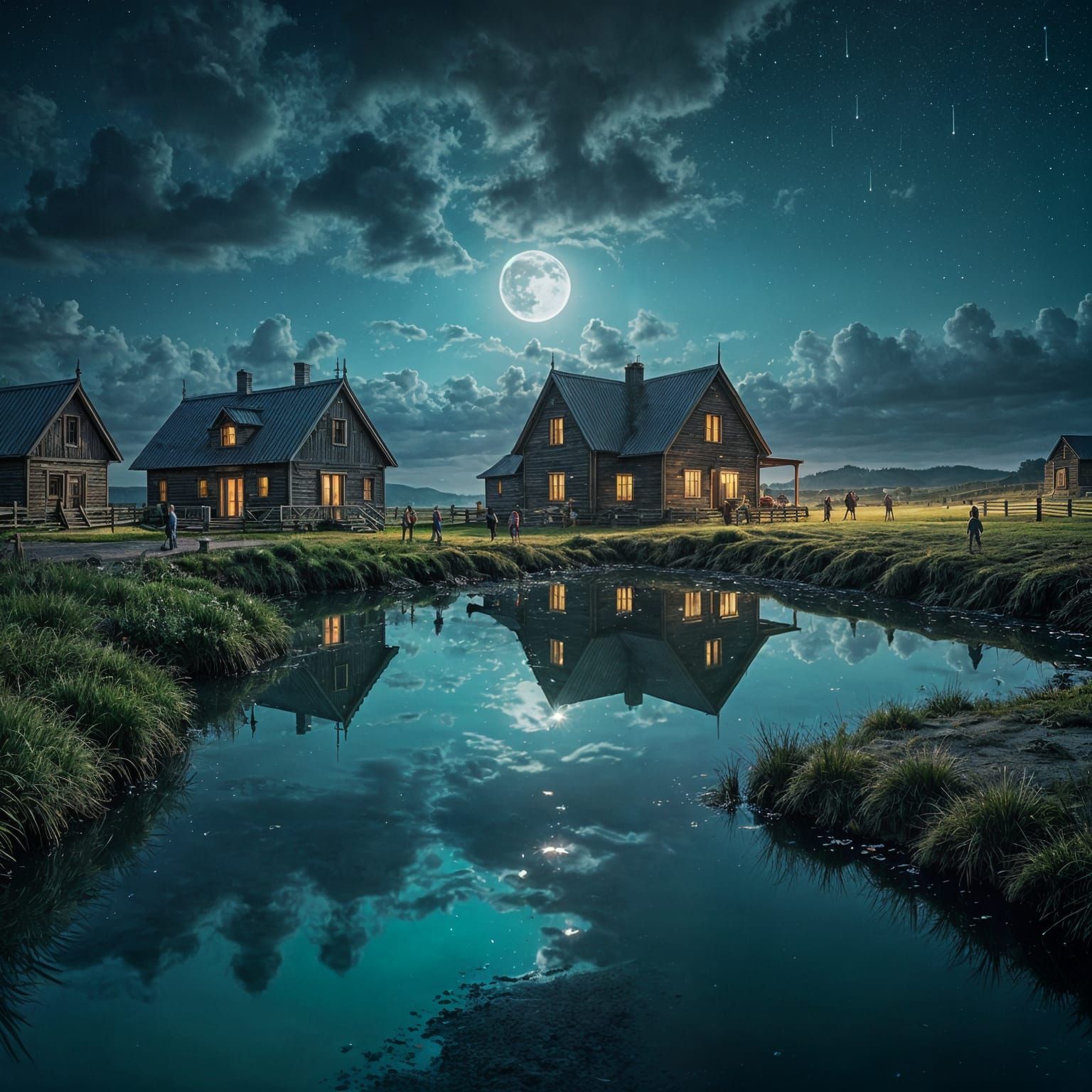 Goblins Dancing in Moonlight Near Coastal Farm