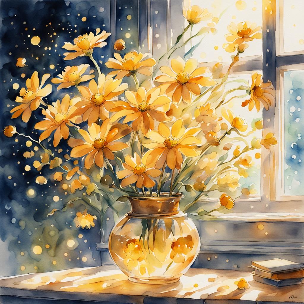Golden Flowers in Vase: Watercolor Ghibli Style