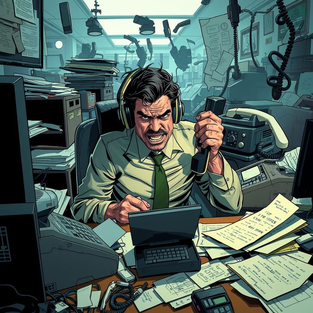 Overwhelmed Office Worker Amidst Chaotic Phones