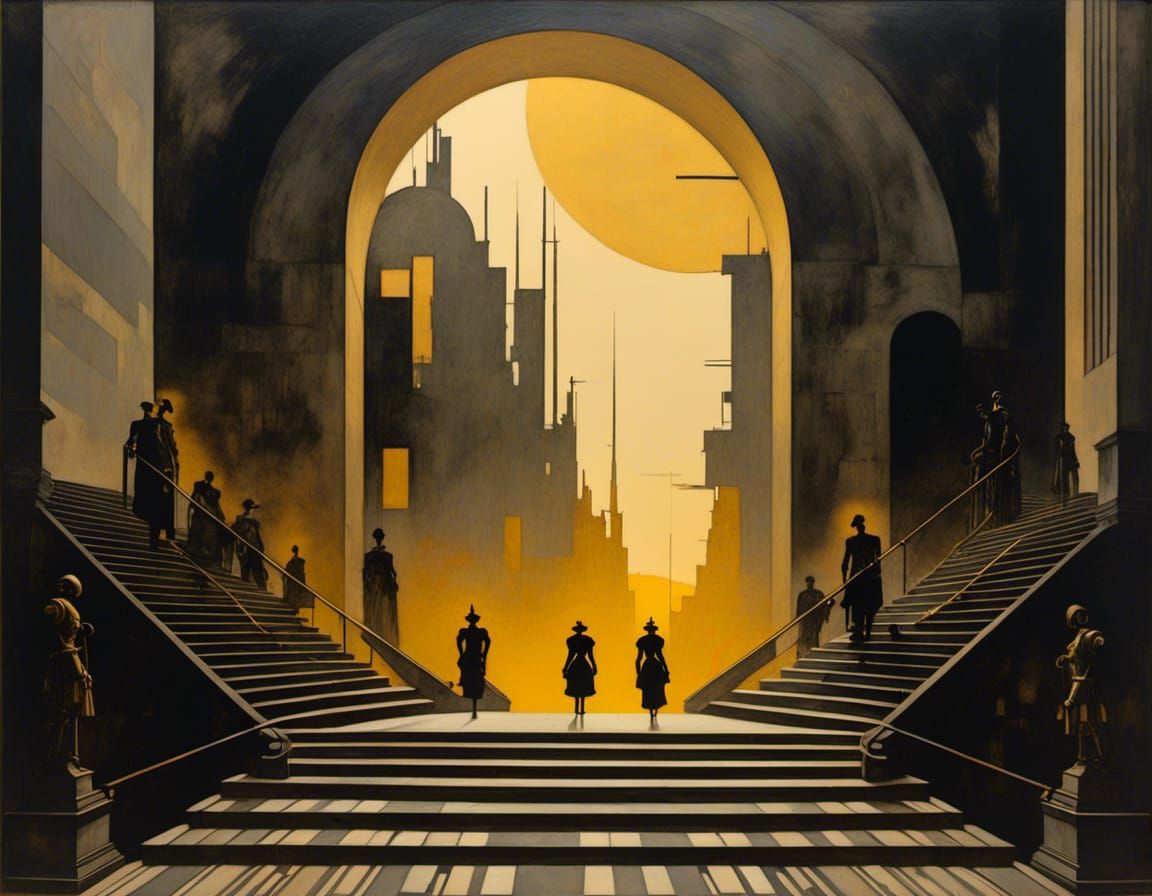 Dystopian Stairway with Androids at Sunset