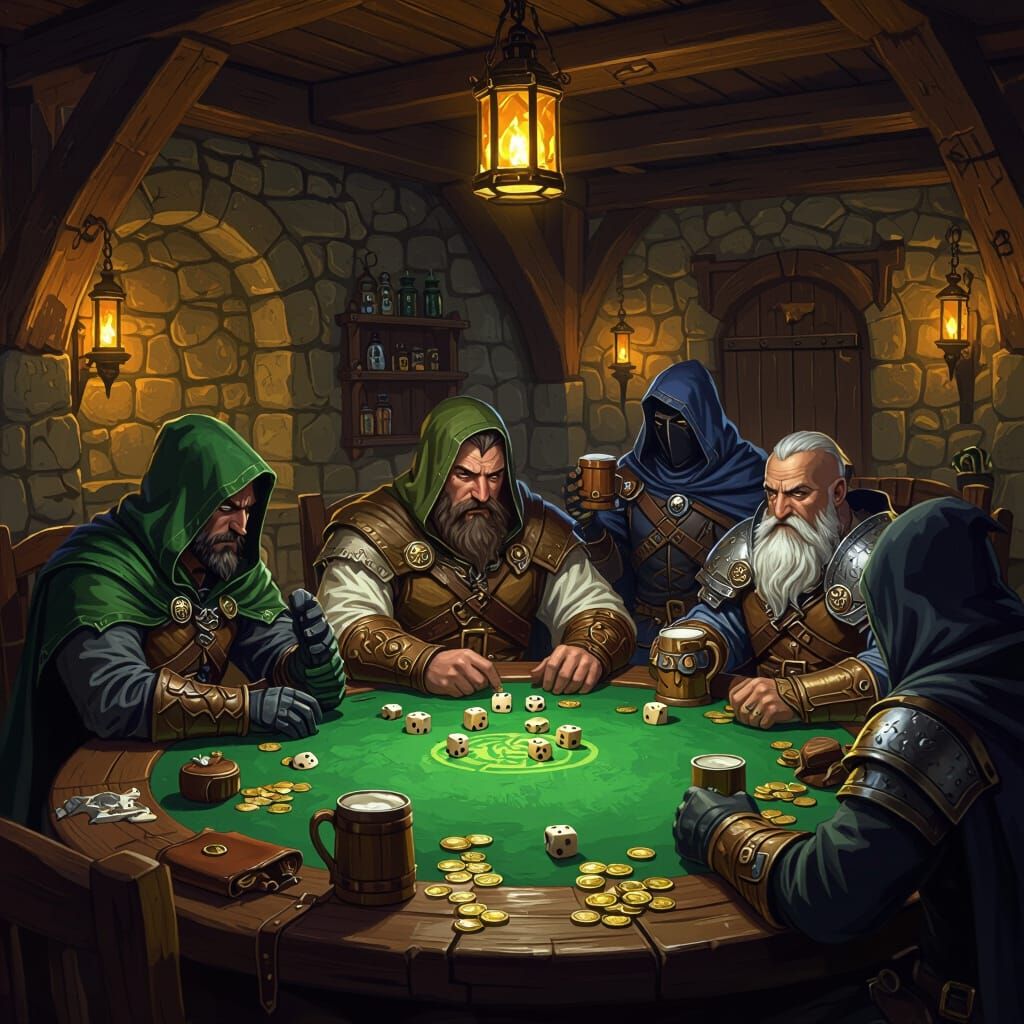 Gambling Corner in a Medieval Tavern, Fantasy Illustration