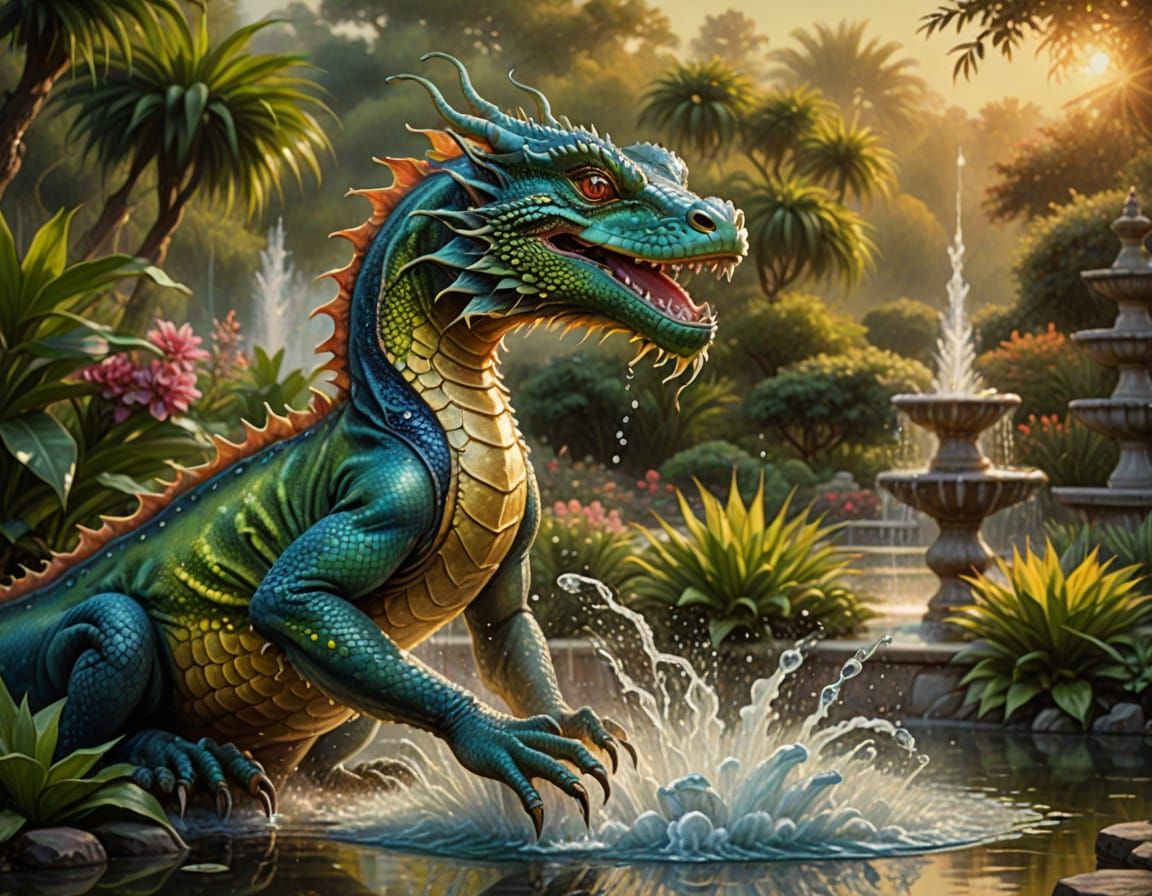 Oriental Water Dragon Rises From Lake in Vibrant Oil Paintin...