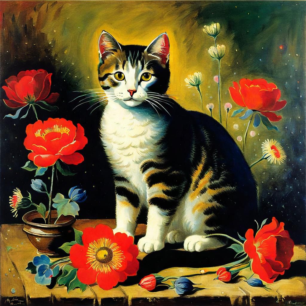 Cat on Pillow with Flowers in Vibrant Abstract Style