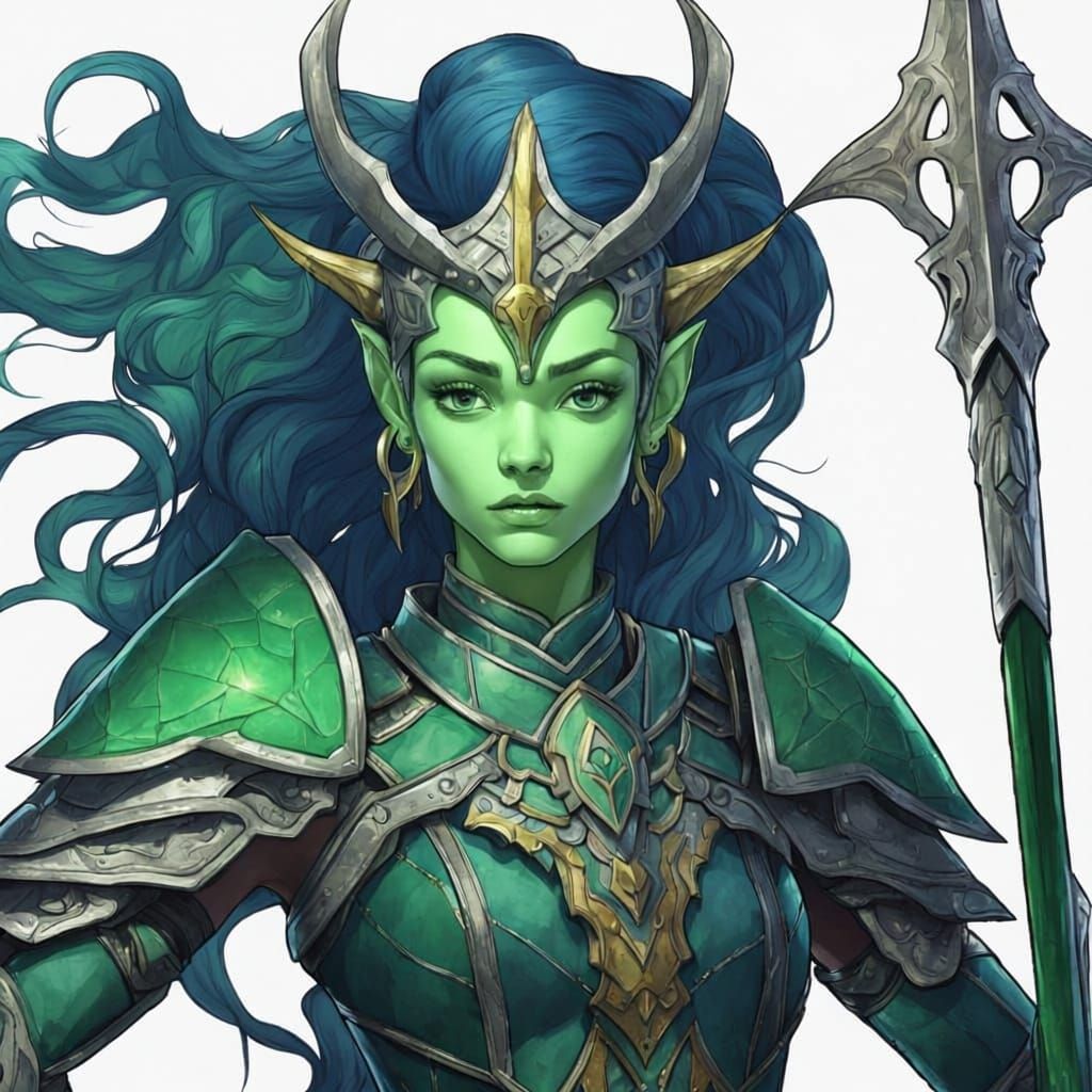 Sea Elf Warrior with Trident in Detailed Matte Painting Styl...