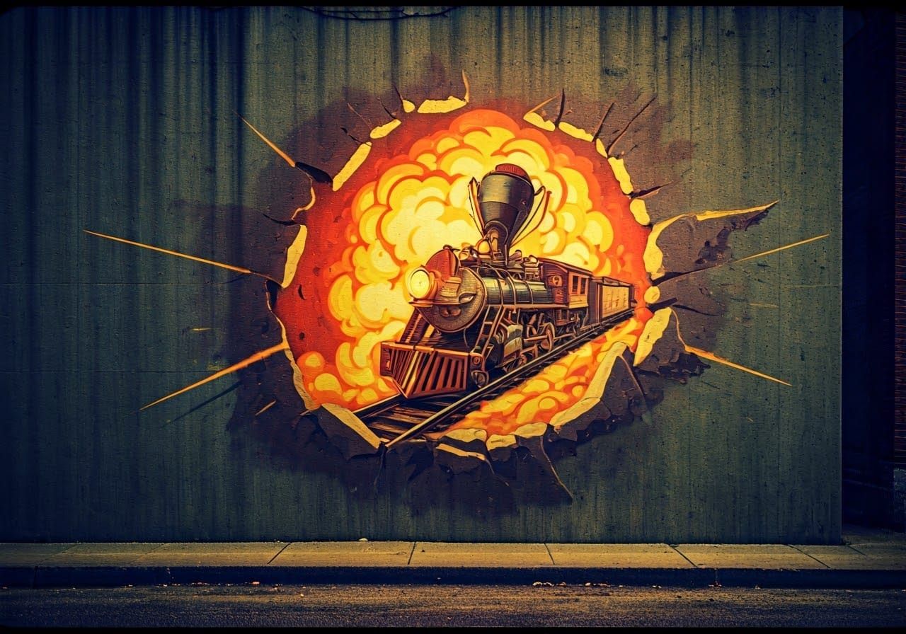 Wile E. Coyote ACME Locomotive Mural on City Street