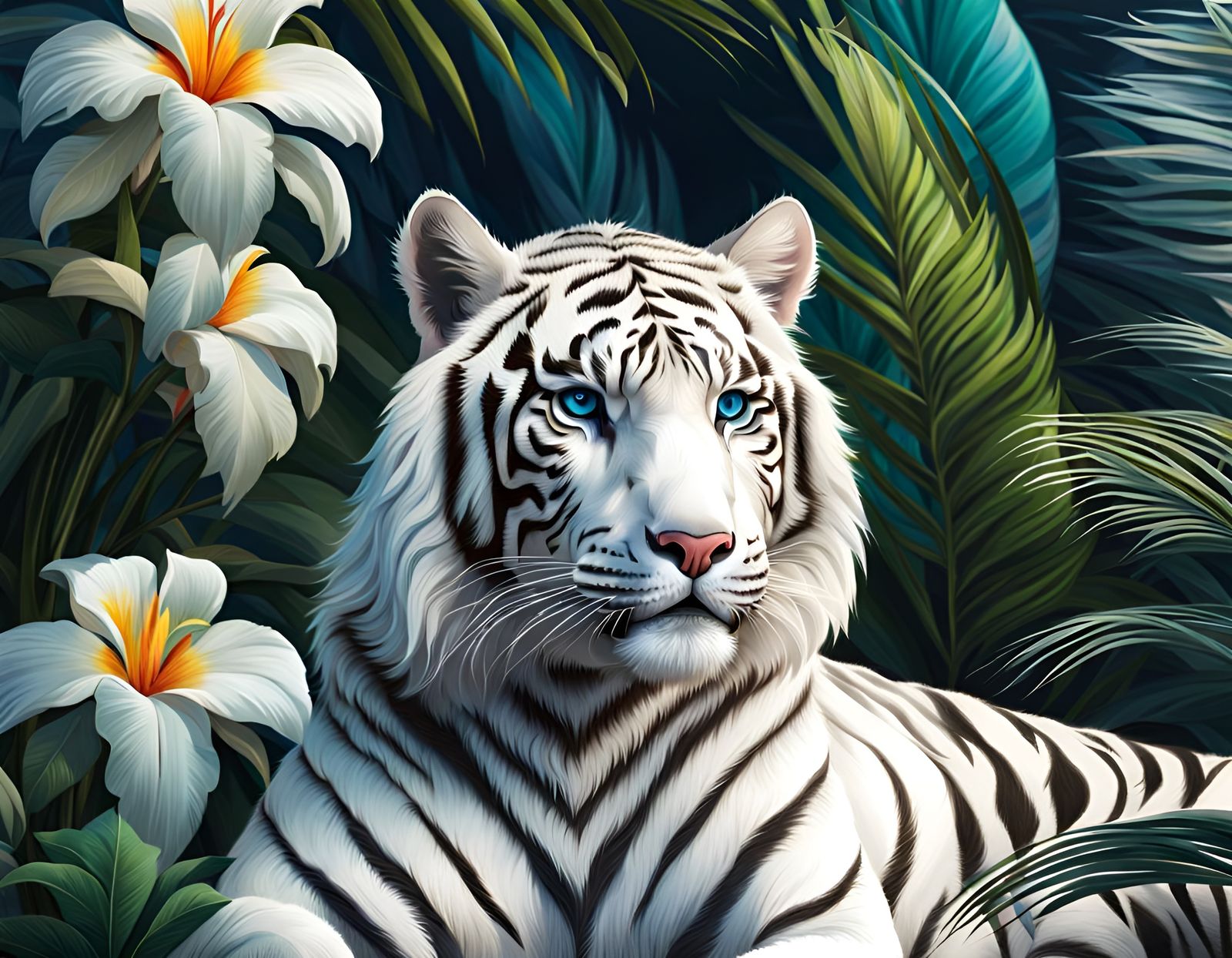Majestic White Tiger in Tropical Floral Paradise
