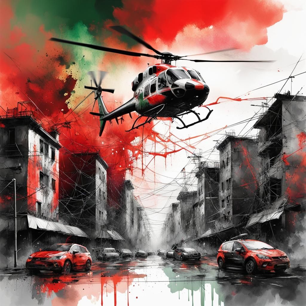 Double exposure ,merging destroyed cityscapes with  a helicopter