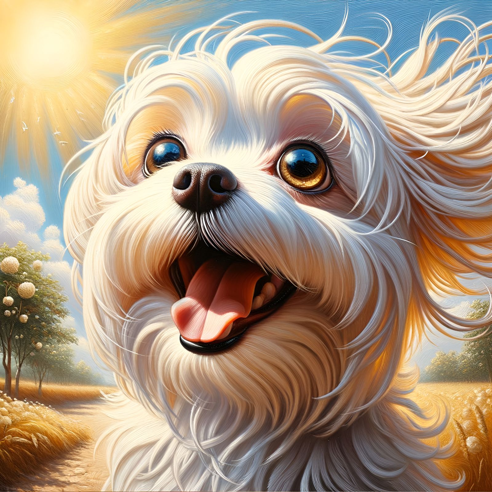 Joyful Maltese Dog Oil Painting in Romanticism Style