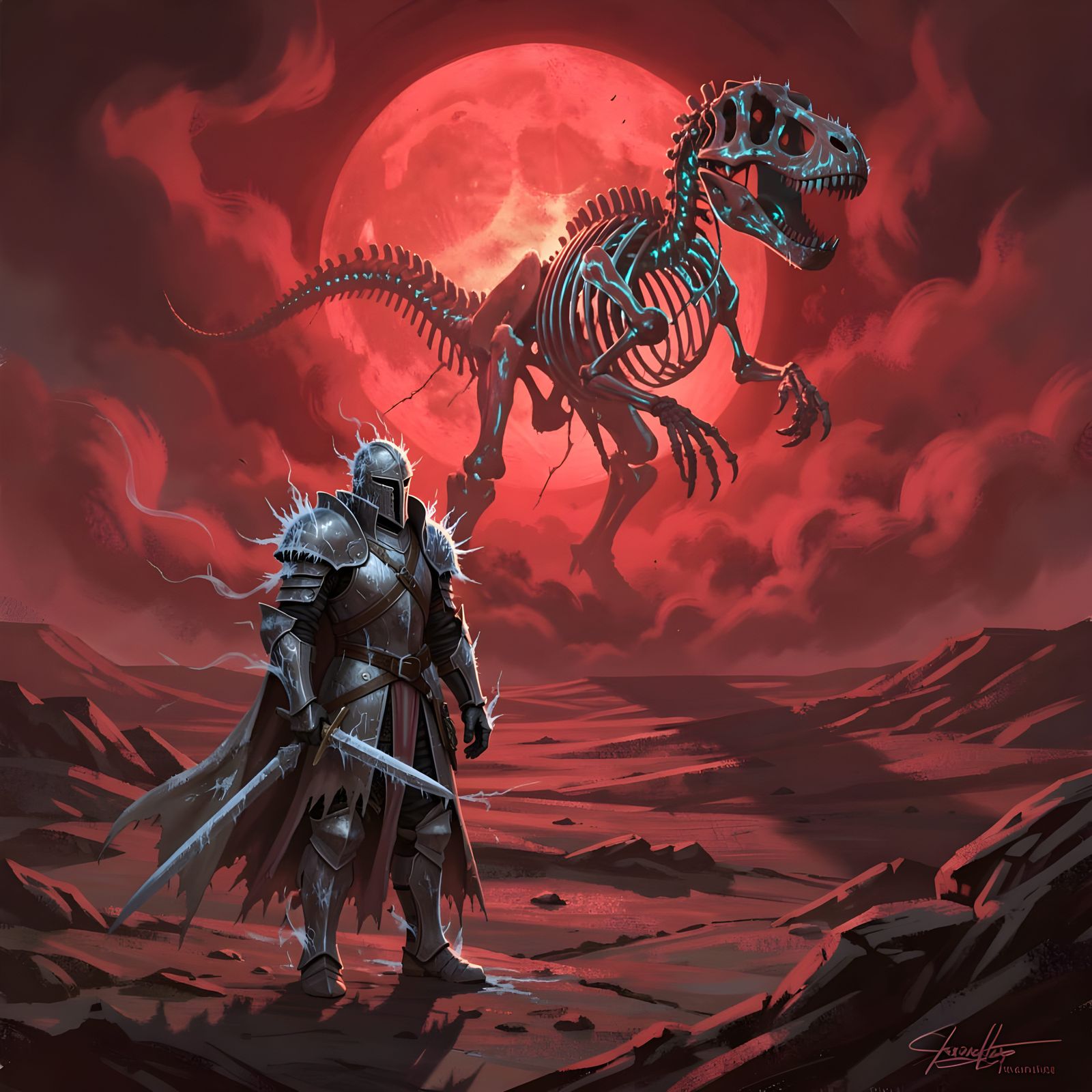 Lone Knight Faces Skeletal Dinosaur in Dark Fantasy Art