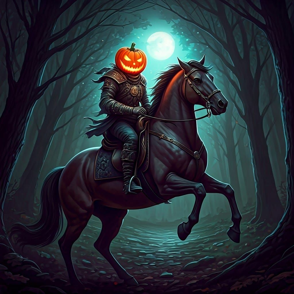 Horseman with Jack-o'-Lantern Head in Dark Forest