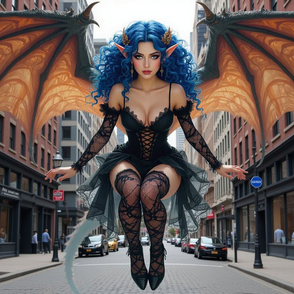 Elf Woman with Dragon Wings in Moody Cityscape
