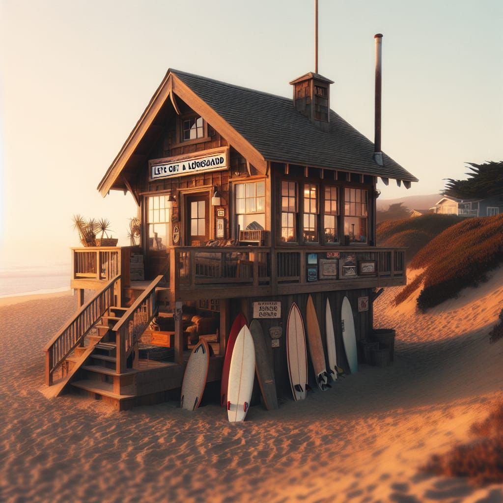 Quaint Beach House at Sunset with Surfboard Sign