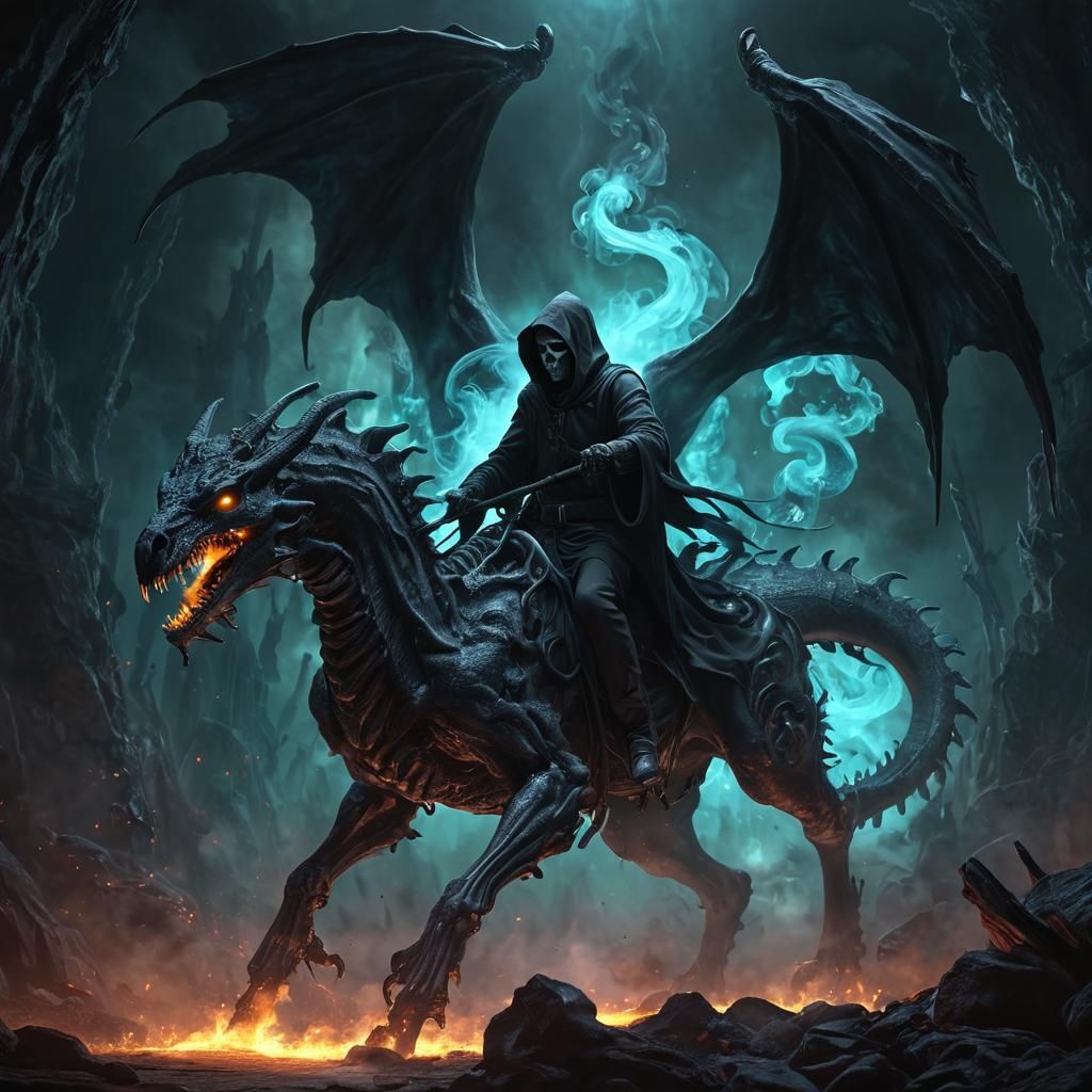 Grim Reaper Rides Dragon of Black Smoke: Dark Fantasy Art