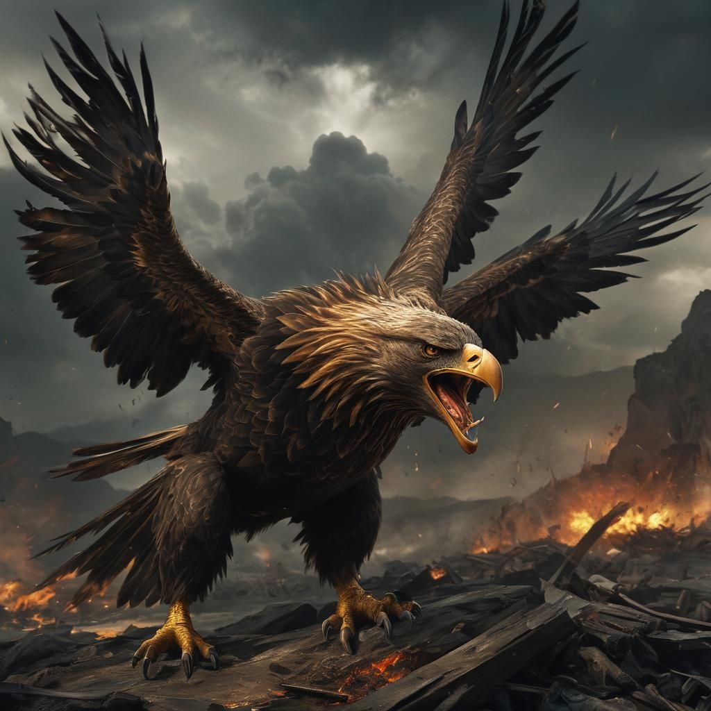 Furious Eagle Face in War-Torn Fantasy Landscape