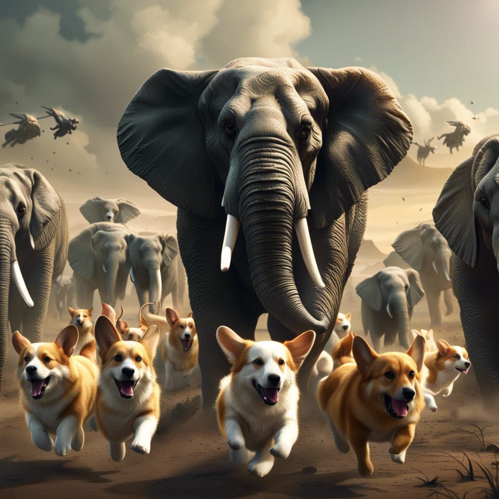 Corgis Chase Elephant: Digital Matte Painting