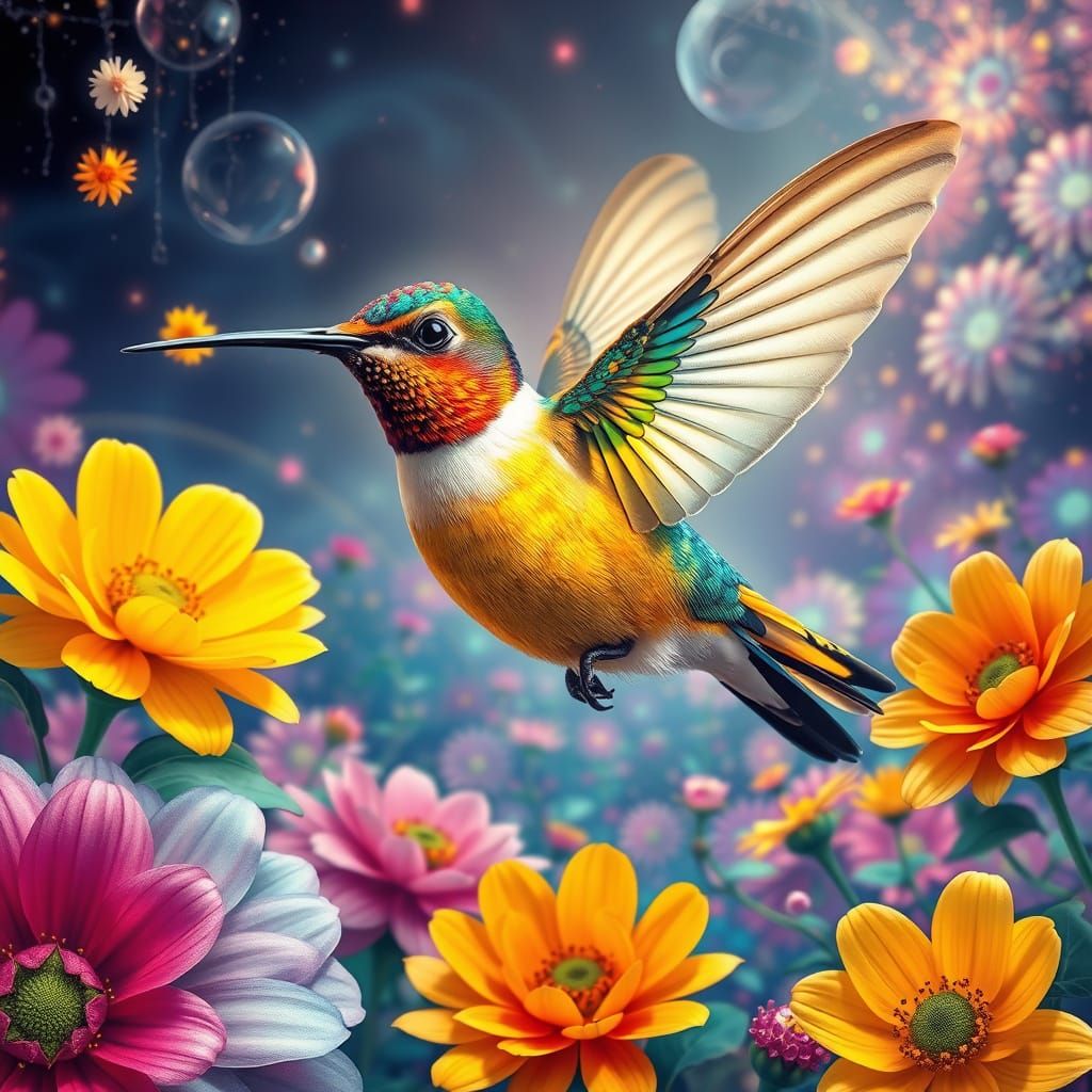Vibrant Hummingbird in Iridescent Plumes Amidst Fantastical ...