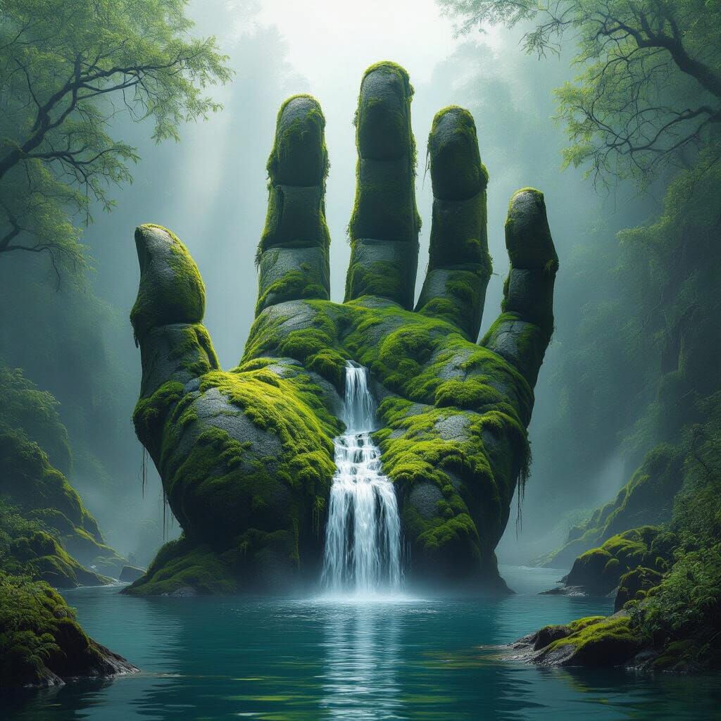 Colossal Stone Hand With Lake and Waterfall