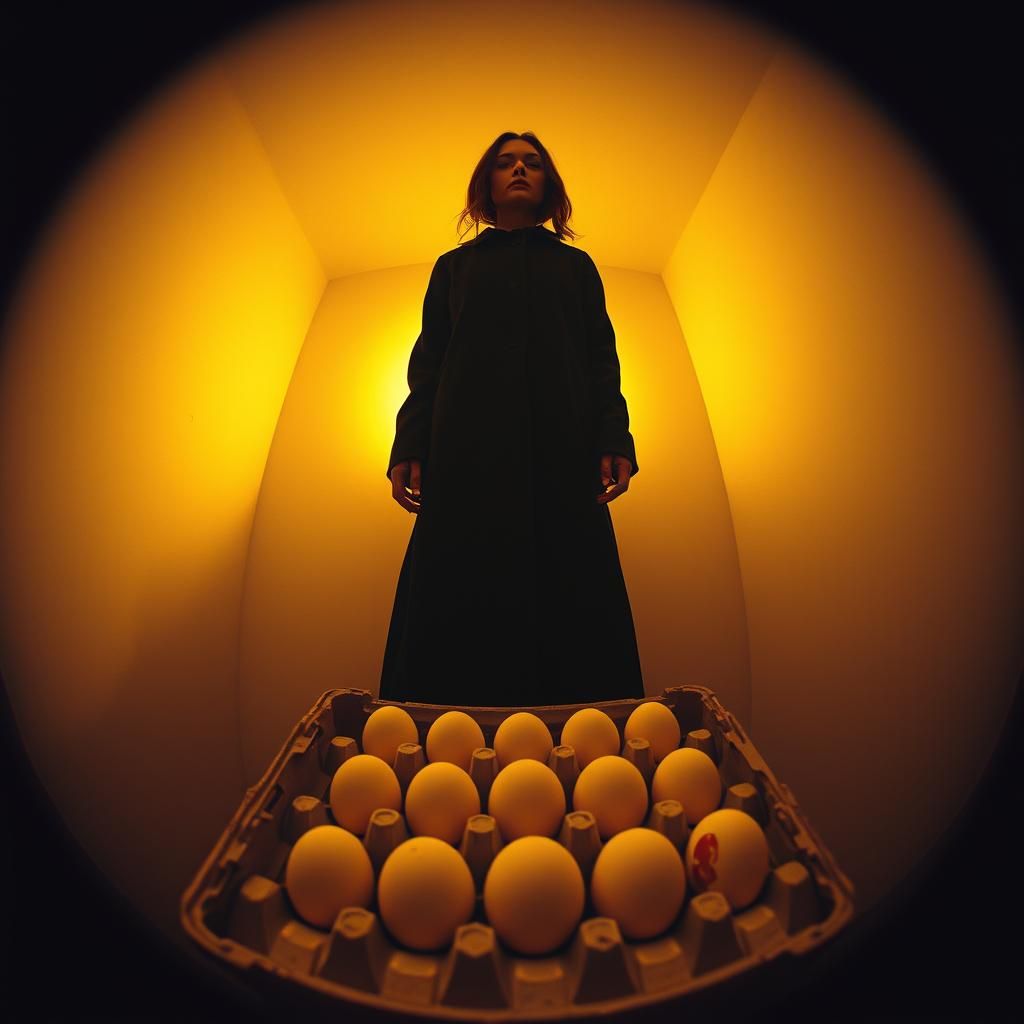 Cinematic Woman with Eggs in Analog Film Style