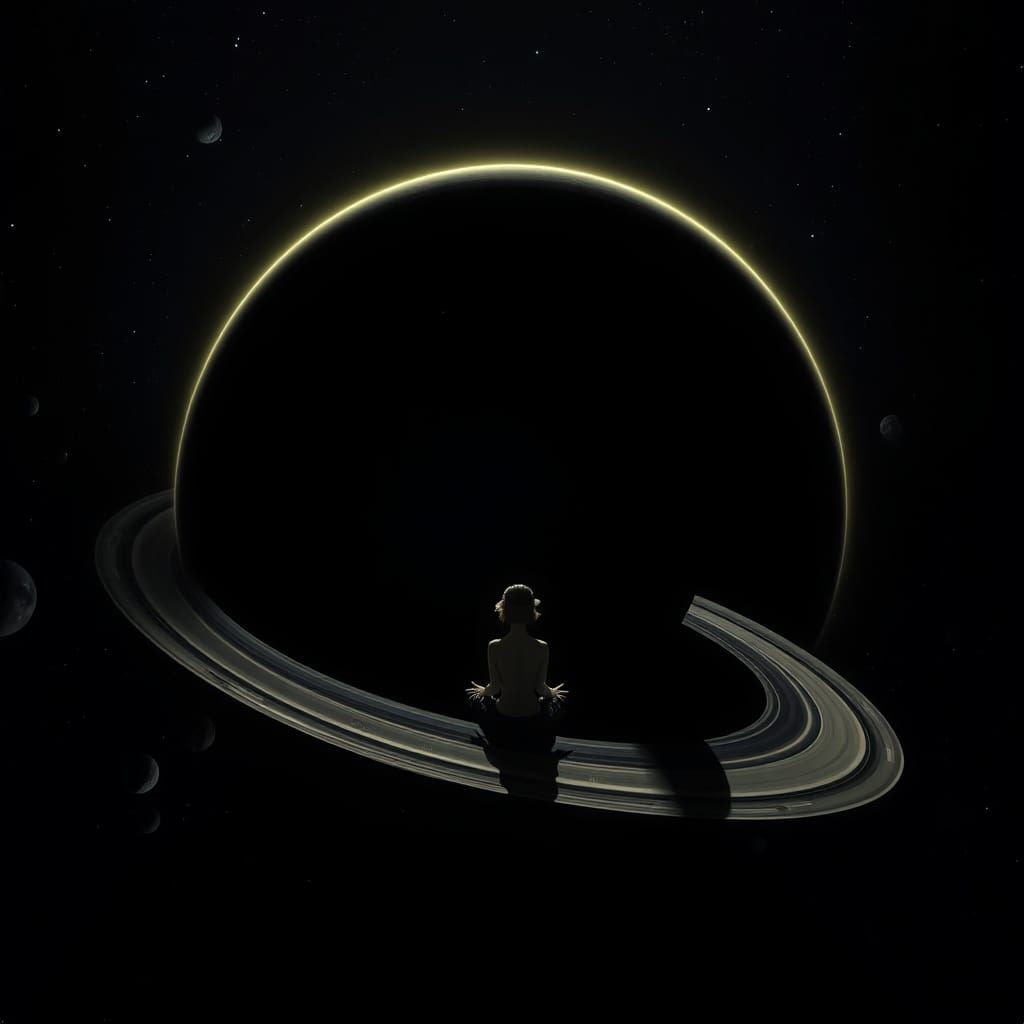 Sitting on planet Saturn's ring and watching it's moons in s...