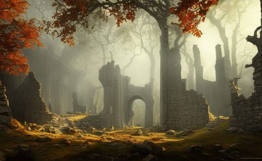 Camelot Ruins: King Arthur's Tomb in Autumn Forest