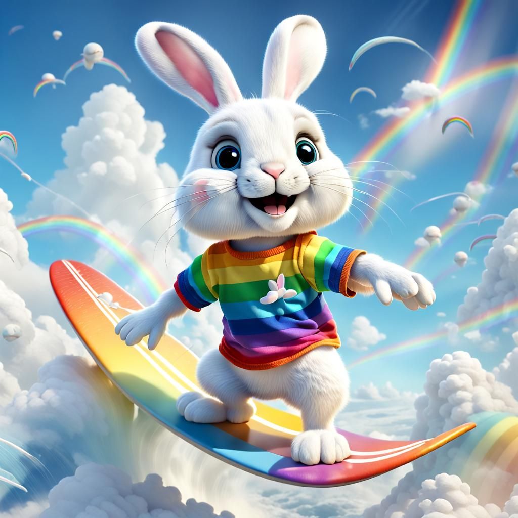 Anthropomorphic Bunny Surfing Rainbow in Fantasy Style