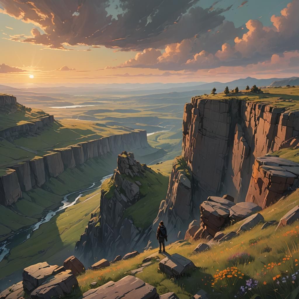 Lone Figure at Cliff Edge in Golden Light